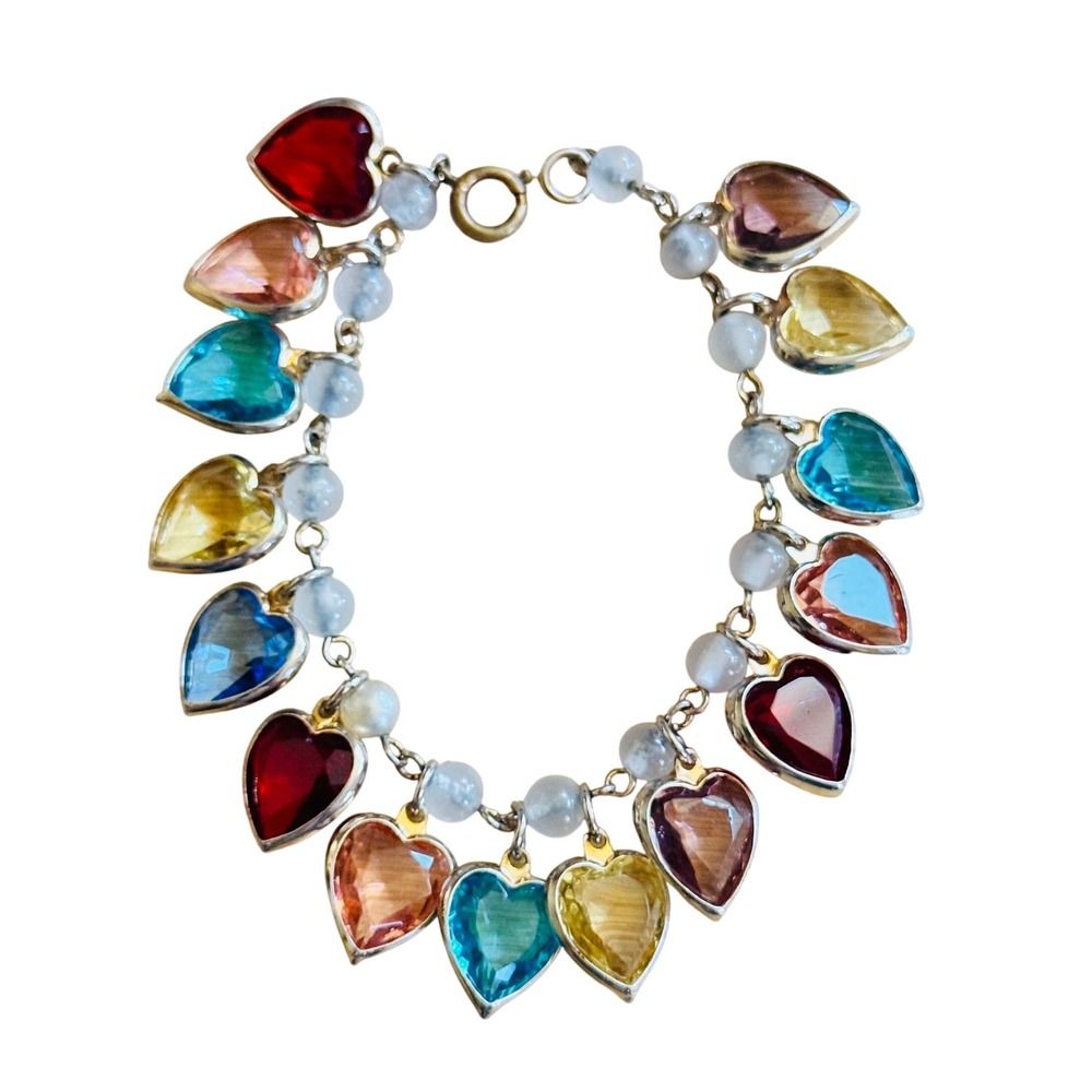 VTG Heart Charm Bracelet Open Bezel Sweetheart Glass Colorful Art Deco 6.5"L